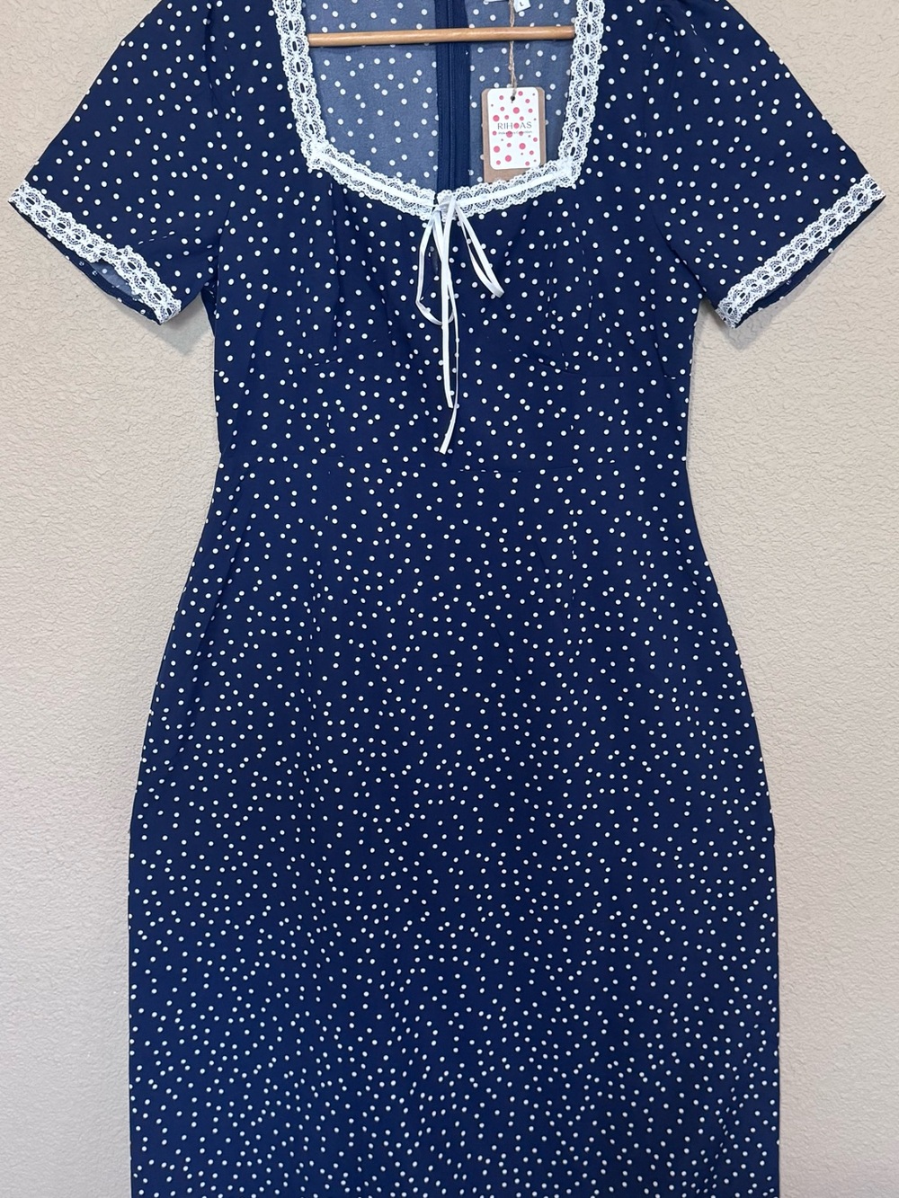 RIHOAS Women’s Navy Polka Dot Midi Dress - Cottagecore Retro Charm - Picture 2 of 10